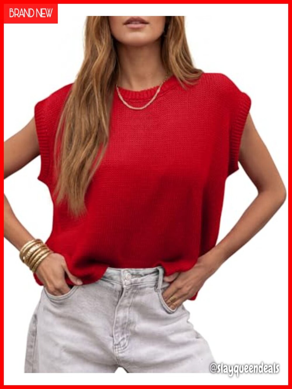 Cap Sleeve Waffle Knit Sweater Vest Loose Crew Neck Lightweight Top